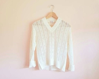 Vintage 70s Open Knit V Neck Cream Sweater Jumper