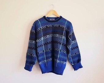 Vintage Blue Purple Black Grey Stripe Pullover Sweater Jumper