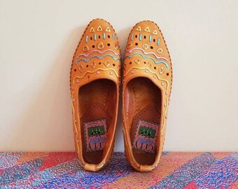 Vintage oranje patroon kleurrijke abstracte Italiaanse lederen stad ballet door Fornarina flats