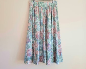 Vintage 1980s Pink Green Floral Basque Waist Skirt