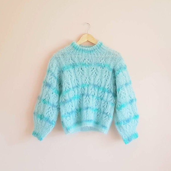 Vintage Handmade Handknit Mohair Mint Green Variegated Striped Mock Neck Sweater Jumper