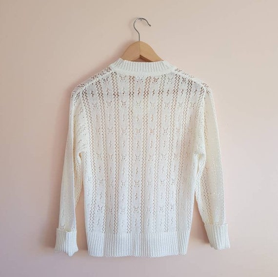 Vintage 70s Open Knit V Neck Cream Sweater Jumper - image 3