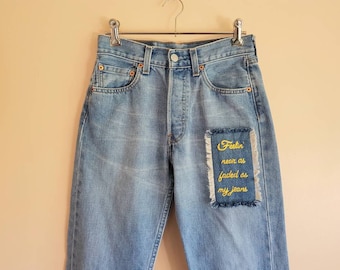 Vintage Levis 501 Light Medium Wash 90s 25 Waist XS Jean Embroidered Patch Janis Joplin Me and Bobby McGee Feelin' Near As Faded As My Jeans
