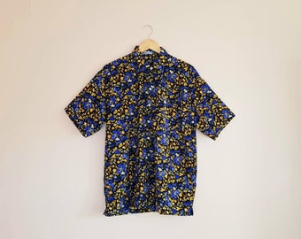 Vintage Menswear Blue Gold Floral Button Down Up Shirt