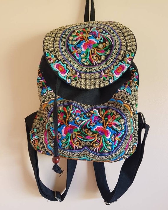 Black and Multicolor Embroidered Backpack Embroidered Backpack Purse Bag Black with Colorful Flowers  main image 2