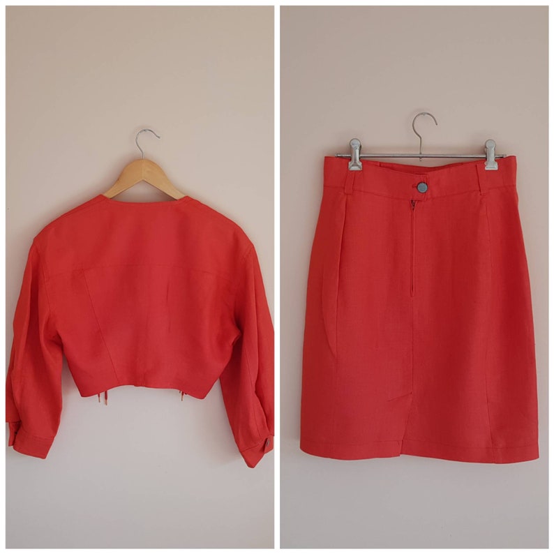 Vintage 80s 90s Designer Vertigo Paris Cropped Coral Jacket Skirt Set image 2