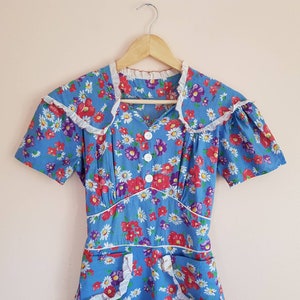 Vintage 1930s Red Purple White Blue Floral Feedsack Dress