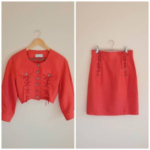 Vintage 80s 90s Designer Vertigo Paris Cropped Coral Jacket Skirt Set image 1