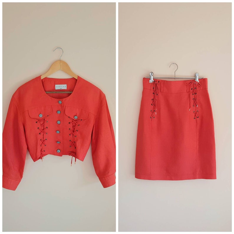 Vintage 80s 90s Designer Vertigo Paris Cropped Coral Jacket Skirt Set image 1