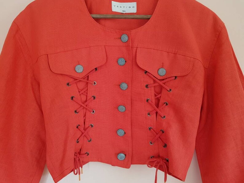 Vintage 80s 90s Designer Vertigo Paris Cropped Coral Jacket Skirt Set image 3