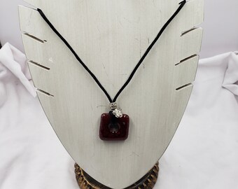 Cast Glass Square Pendant in Deep Red with Flower Charm