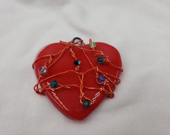 Red Fused Glass Heart Pendant with Swarovski Crystal Beads