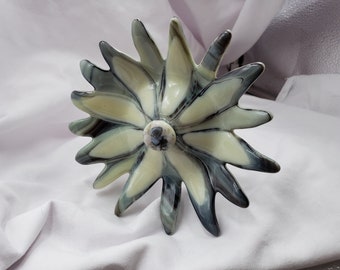 Double Petal Flower in Cream and Gray Fused Glass