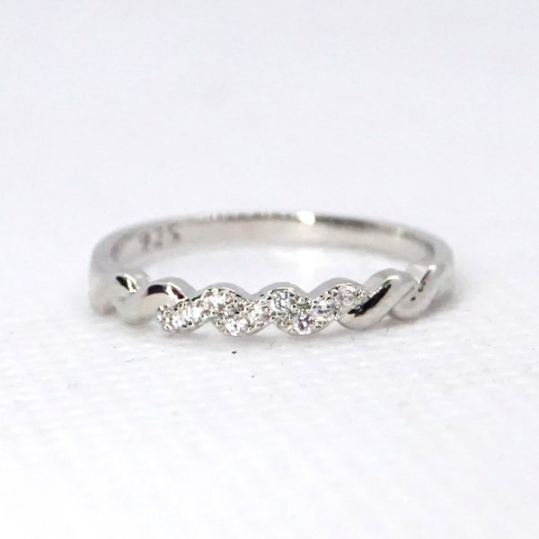Delicate twisted 925 silver and White Sapphire Ring, wedding ring, sterling silver promise ring, engagement, tiny, small simple silver,