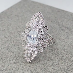 Vintage White Sapphire high Fashion Ring, promise ring, engagement ring, statement, chic, boho, Victorian, Country, Sterling Silver plated