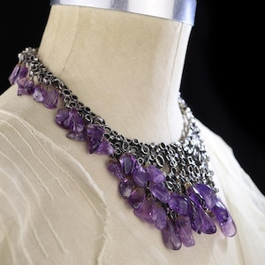 Modernist necklace brutalist collar amethyst gemstone chunk fringed big huge statement