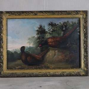 May include: A framed oil painting depicting two brown and black pheasants in a woodland setting. The pheasants are perched on a rock with green foliage and a blue sky in the background.