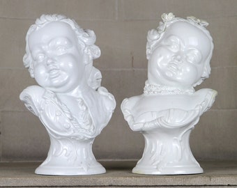 BIG porcelain portrait bust pair, two antique sculpture statues of 18th century children, gaudy rococo blanc de chine mansion decor white