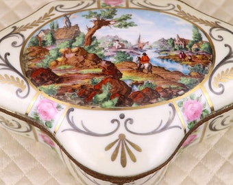 Antique porcelain box, hand painted French landscape signed jewelry trinket casket dresser vanity hinged lid gilt gilded bronze mounted FBS
