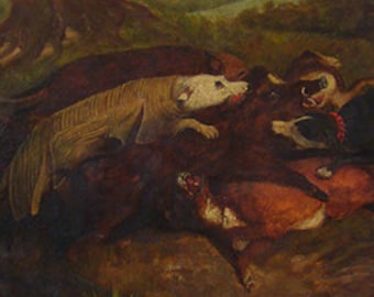 Antique 18th century oil painting, pack of hunting dogs attacking a boar in a moorish landscape, wild game animal hunt