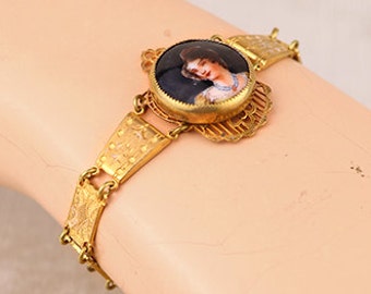 Antique cameo bracelet, hand painted porcelain portrait, Victorian Edwardian Regency 1800s, 19th C century, gold washed, portrait miniature