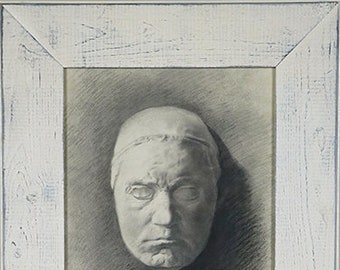 Antique 19th C. charcoal drawing, portrait main male, signed, 19th century, wood frame, 1800s, religions figure, sketch sculpture painting