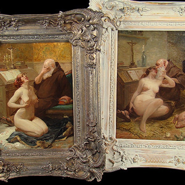 Henri Privat Livemont (1861-1936), PAAR antiker Ölgemälde, Versuchung des Heiligen Antonius Antoine, signiert und datiert, Christianity Christ