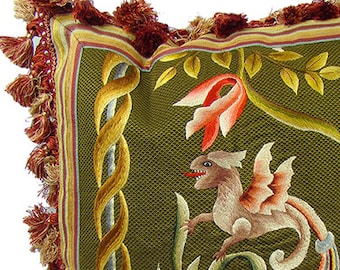Pillow, antique 19th century silk panel embroidered colorful dragon, griffin gryphon chimera, soft tassels, antique Jacobean floral back