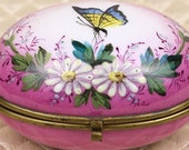 Antique porcelain egg box, jewelry ring dresser trinket casket, vintage hand painted enamel butterfly flowers, bronze brass hinged lid pink