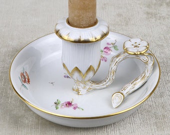 Old Porcelain Chamberstick, Hand Painted Candle Holder
