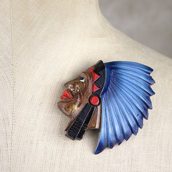 French antique carved Native American figural brooch, artisan made pin hand painted primitive statement piece American Indian headdress