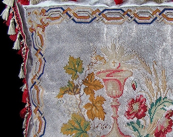 Velvet pillow with antique 19th century glass beaded ecclesiastic needlepoint of a chalice surrounded by flowers, wool gros point stitch