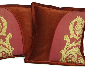 Pair velvet pillows, antique aubusson pelmet remnant, red silk & mohair, art deco, baroque, renaissance, regency, classical, neoclassical