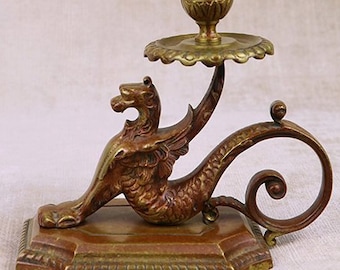 Antique griffin candlestick, gilt brass bronze chamberstick candle holder figural gryphon winged lion dragon gothic ormolu ornate metal