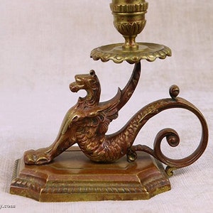 Antique griffin candlestick, gilt brass bronze chamberstick candle holder figural gryphon winged lion dragon gothic ormolu ornate metal