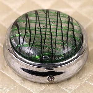Antique pill box, chrome silver tone glass sniff trinket ring casket jar, hand painted eglomise dresser vanity hinged lid art deco modernist
