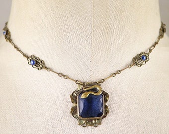 Antique snake necklace, serpent, Art Nouveau, paste glass and brass, serpent devil Satan occult dragon, Art Deco, Edwardian
