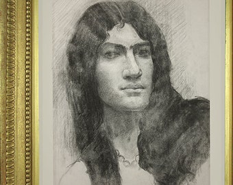 Big 1915 dated portrait drawing of a mysterious long-haired man or woman, graphite on paper in carved gilt wood frame,  big size