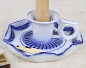 Antique chamberstick, porcelain candle holder, flow blue candlestick, Victorian ceramic, Art Deco, white blue, 1800s, garlands