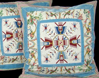 French pillow pair, old toile and antique embroidery with velvet and striped cotton trims, spectacular pattern and palette, blue ivory white