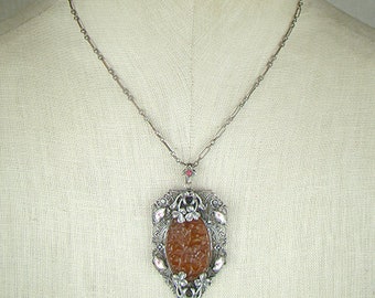 Antique art deco necklace, nouveau, 1920s 1930s, molded carnelian glass & marcasites, ornate silver plated filigree, enamel leaves