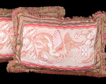 Antique pillow pair, 18th century gothic gryphon griffin gargoyle grotesque dragon madder pink red cotton striped silk taffeta, fringe trim