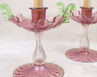 Venetian glass candlestick pair, 2 Murano candle holders, two art deco glass candle sticks centerpiece, cranberry pink red, green handles