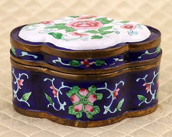 Antique Chinese box, hand painted vitreous enameled porcelain copper trinket jewelry casket, oriental lid jar, blue white floral chinoiserie