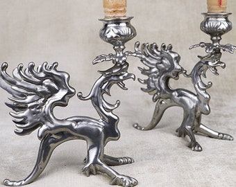 アンティークシルバーメタルドラゴンキャンドルホルダー - 20世紀初頭