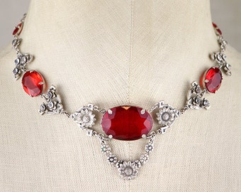 Antique 1920s necklace, art deco red glass in silver, rhinestones, crystals, ruby color, Edwardian Victorian