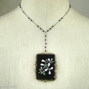 Near antique hand-painted black glass necklace, floral panel in ornate silver washed brass setting, Edwardian Art Nouveau style, gothic