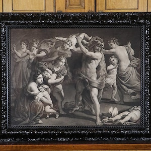 May include: A black and white print of a painting depicting a scene from Greek mythology. The print is framed in a black frame and is hanging on a wall.