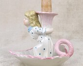 Antique chamberstick, porcelain candle holder, painted girl, figural, surreal, bone china candlestick, Victorian ceramic, white blue, 1800s