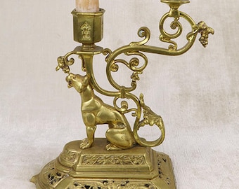Antique 19th C. cougar candlestick candelabra gilt bronze ormolu candle holder, lion tiger panther griffin, ornate gothic Victorian art deco